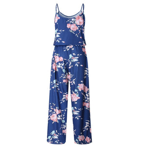 Lace Up Floral Print Women Jumpsuit Loose Style Wide Leg Girls Beach