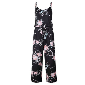 Lace Up Floral Print Women Jumpsuit Loose Style Wide Leg Girls Beach