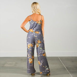 Lace Up Floral Print Women Jumpsuit Loose Style Wide Leg Girls Beach