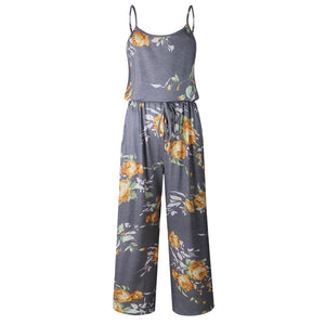 Lace Up Floral Print Women Jumpsuit Loose Style Wide Leg Girls Beach