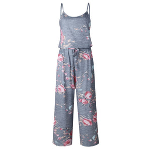 Lace Up Floral Print Women Jumpsuit Loose Style Wide Leg Girls Beach