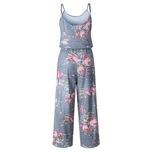 Lace Up Floral Print Women Jumpsuit Loose Style Wide Leg Girls Beach