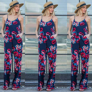 Lace Up Floral Print Women Jumpsuit Loose Style Wide Leg Girls Beach