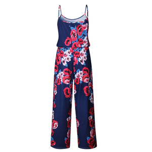 Lace Up Floral Print Women Jumpsuit Loose Style Wide Leg Girls Beach