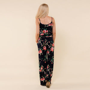 Lace Up Floral Print Women Jumpsuit Loose Style Wide Leg Girls Beach