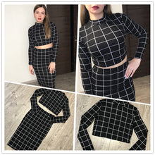 Load image into Gallery viewer, Stand Collar Crop Grid Ladies Two Piece Set