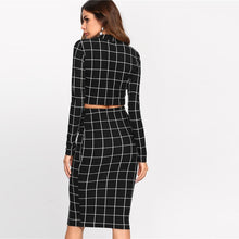 Load image into Gallery viewer, Stand Collar Crop Grid Ladies Two Piece Set