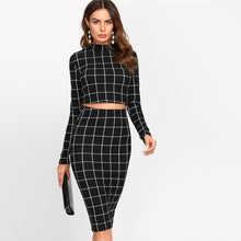 Load image into Gallery viewer, Stand Collar Crop Grid Ladies Two Piece Set