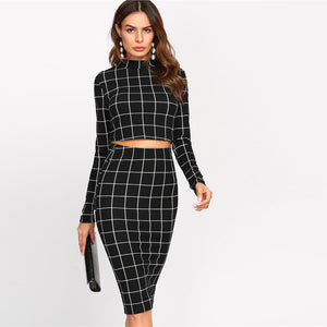 Stand Collar Crop Grid Ladies Two Piece Set