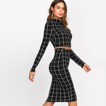 Load image into Gallery viewer, Stand Collar Crop Grid Ladies Two Piece Set