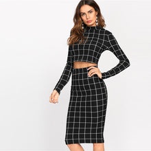 Load image into Gallery viewer, Stand Collar Crop Grid Ladies Two Piece Set