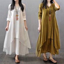 Load image into Gallery viewer, Cotton Linen Vintage False Two-piece Irregular Maxi Dress