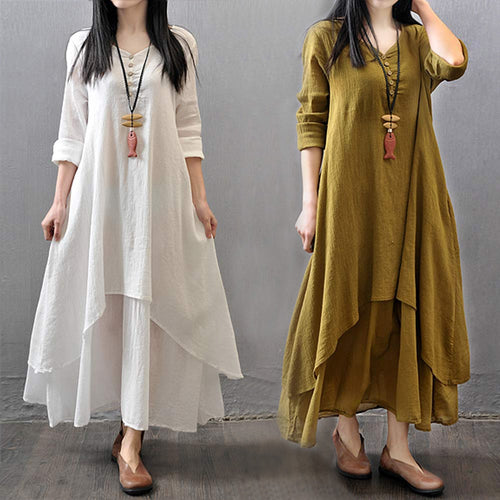 Cotton Linen Vintage False Two-piece Irregular Maxi Dress