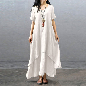 Cotton Linen Vintage False Two-piece Irregular Maxi Dress