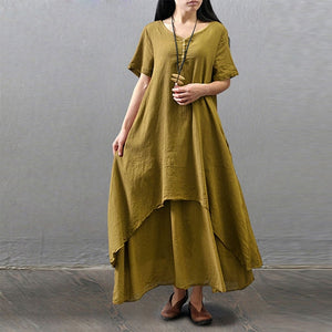 Cotton Linen Vintage False Two-piece Irregular Maxi Dress