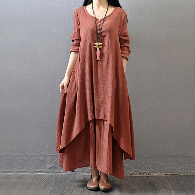 Cotton Linen Vintage False Two-piece Irregular Maxi Dress