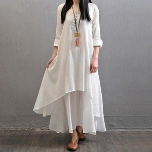 Cotton Linen Vintage False Two-piece Irregular Maxi Dress