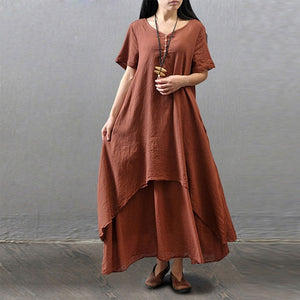 Cotton Linen Vintage False Two-piece Irregular Maxi Dress