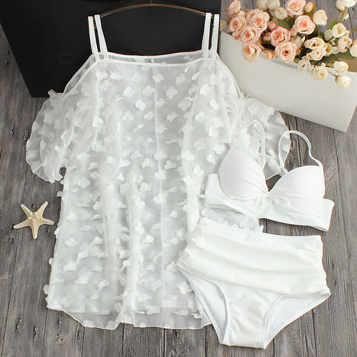 Petals White Pure Chiffon Small Chest Waist Gather Swimsuit Female Hot Bikinis