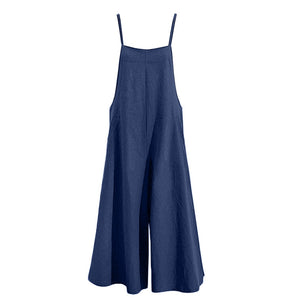 Cotton Pocket Long Wide Leg Romper Overalls Casual Loose Solid Jumpsuit