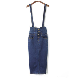 Long Denim With Straps Women Button Jeans Jumpsuit