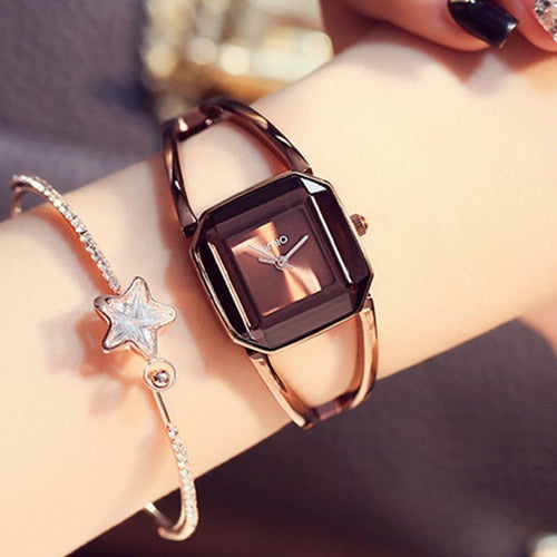 Square Fashion Skeleton Bracelet Rose Gold Watches Luxury Brand Ladies Watch