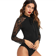 Load image into Gallery viewer, Plain Stand Collar Skinny Night Out Contrast Lace Mid Waist Bodysuits