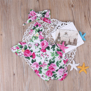 Baby Girl Spaghetti straps Halter Headbamd Floral Sunsuit Kids Outfits