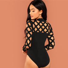 Load image into Gallery viewer, Black Going Out Skinny Knot Mid Waist Mock Neck Stand Collar Geo Cut Out Bodysuit