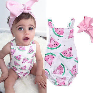 Cute Baby Girls Headband Watermelon Printed Outfits Sunsuit Kids Clothes