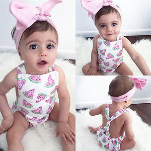 Cute Baby Girls Headband Watermelon Printed Outfits Sunsuit Kids Clothes