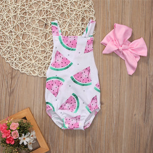 Cute Baby Girls Headband Watermelon Printed Outfits Sunsuit Kids Clothes