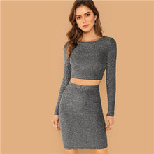 Load image into Gallery viewer, Silver Plain Crop Form Fitting Glitter Set Round Neck Party Two Piece Sets Dress