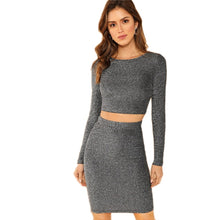 Load image into Gallery viewer, Silver Plain Crop Form Fitting Glitter Set Round Neck Party Two Piece Sets Dress