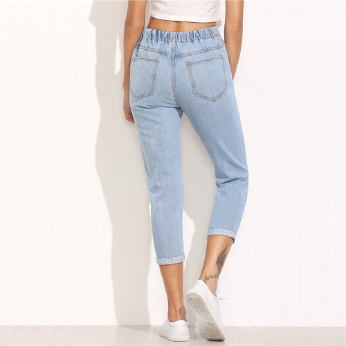 Casual Trousers for Ladies Blue Ripped Mid Waist Drawstring Skinny Denim Calf Length Jeans Pants