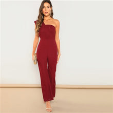 Load image into Gallery viewer, Burgundy Solid One Shoulder Flared Elegant Jumpsuit