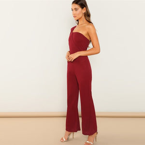 Burgundy Solid One Shoulder Flared Elegant Jumpsuit