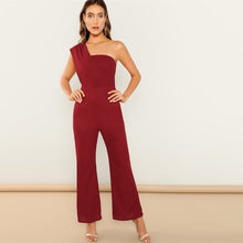 Load image into Gallery viewer, Burgundy Solid One Shoulder Flared Elegant Jumpsuit