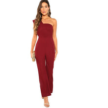 Load image into Gallery viewer, Burgundy Solid One Shoulder Flared Elegant Jumpsuit