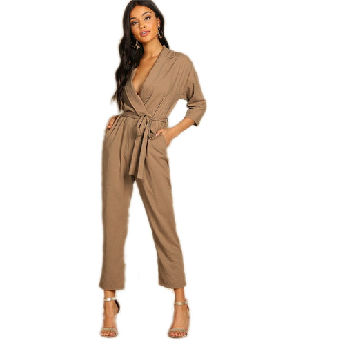 Camel Slant Pocket Belted Notch Neck Casual Jumpsuit