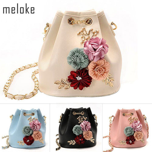 Handmade Flowers Bucket Mini Shoulder Bags With Chain Drawstring Small Cross Body