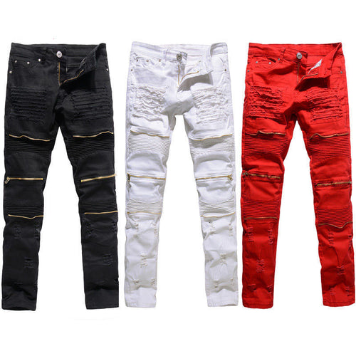 College Boys Skinny Runway Straight Zipper Denim Pants Destroyed Ripped Jeans