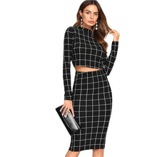 Load image into Gallery viewer, Stand Collar Crop Grid Ladies Two Piece Set