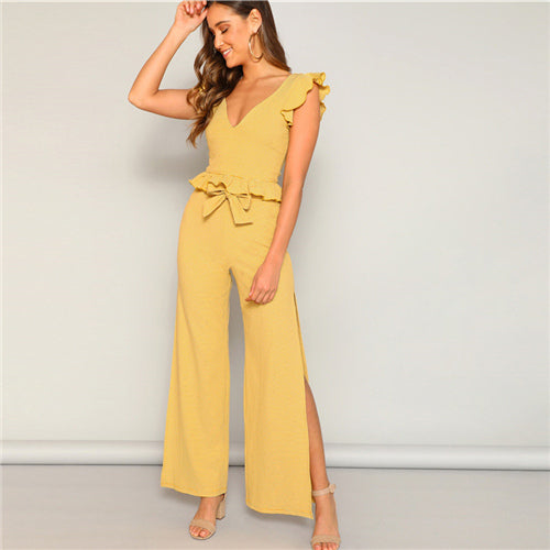 Yellow Knitted Ruffle Trim Striped High Split Two Piece Set Dress