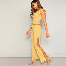 Load image into Gallery viewer, Yellow Knitted Ruffle Trim Striped High Split Two Piece Set Dress