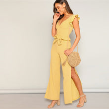 Load image into Gallery viewer, Yellow Knitted Ruffle Trim Striped High Split Two Piece Set Dress