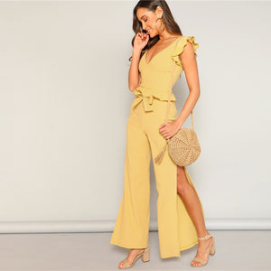 Yellow Knitted Ruffle Trim Striped High Split Two Piece Set Dress