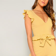 Load image into Gallery viewer, Yellow Knitted Ruffle Trim Striped High Split Two Piece Set Dress