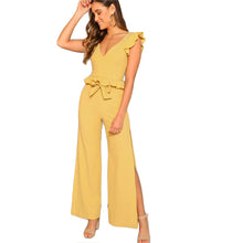 Load image into Gallery viewer, Yellow Knitted Ruffle Trim Striped High Split Two Piece Set Dress