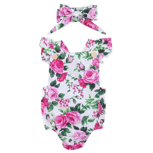 Baby Girl Spaghetti straps Halter Headbamd Floral Sunsuit Kids Outfits